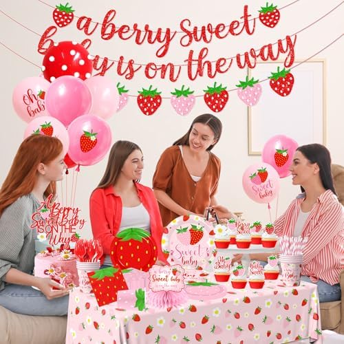 Strawberry Baby Shower Decorations for Girls, 190Pcs A Berry Sweet Baby is on the Way Party Supplies with Plates, Napkins, Cups, Banner, Tablecloth, Balloons, Cake Toppers, Honeycombs Serve 24 - Image 6