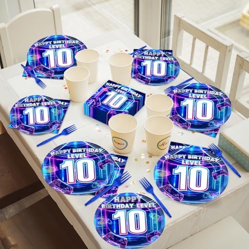 96Pcs 10th Birthday Video Game Plates and Napkins Gamer 10 Years Old Party Decorations Purple and Blue Level 10 Dessert Plates 10th Birthday Tableware for 24 Guests Boys Kids Gaming Party Supplies - Image 4