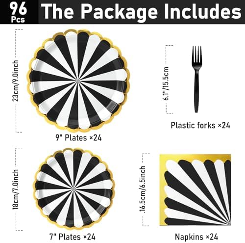 96PCS Black Party Paper Plates with Gold Scalloped Edge, Black Scalloped 9inch 7inch Dessert Paper Plates Party Supplies for Birthday Bridal Shower Picnic, Serve for 24 Guests, Striped - Image 3