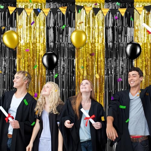 6Pack 3.3Ft x 6.6Ft Graduation Foil Fringe Curtain Backdrop Decorations, Black Gold Metallic Tinsel Foil Streamers Curtain Photo Booth Background for Graduation Prom Wedding Birthday Party Decorations - Image 6