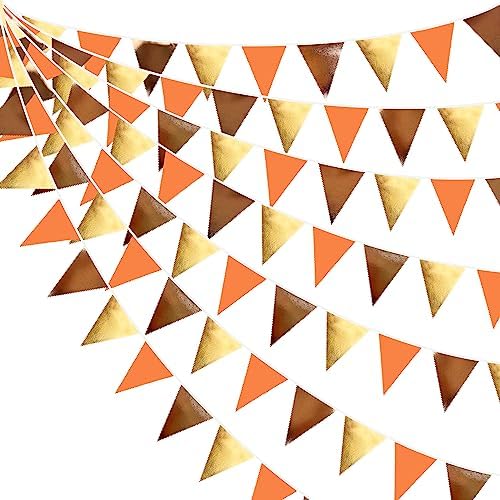 Fall Party Decorations Orange Gold Brown Metallic Fabric Triangle Pennant Banner Flag Bunting Garland for Autumn Fall Thanksgiving Wedding Birthday Bridal Shower Engagement Graduation Party Supplies by pinkblume