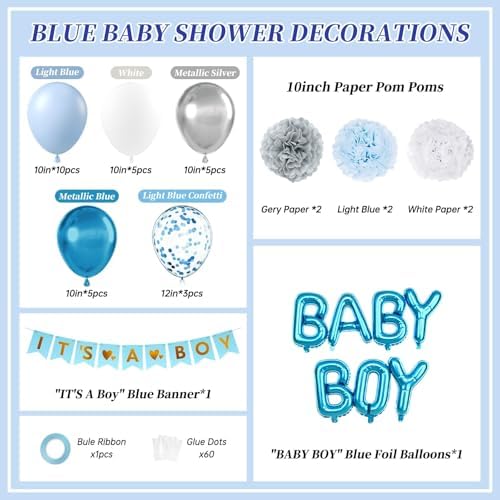 Vicduotex Blue Baby Shower Decorations with Grey Paper Pom Poms - Image 2