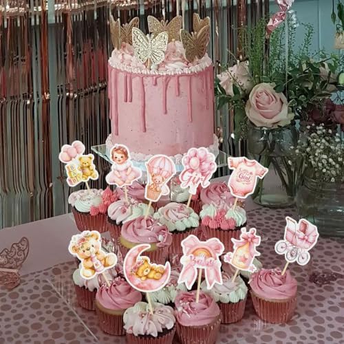 Gyufise 40Pcs Baby Boy Cupcake Toppers Baby Shower Decorations for Boys Balloon Star Moon Bear It's a Girl Cupcake Picks for Baby Shower Kids Girls Birthday Party Supplies Deep Pink - Image 7