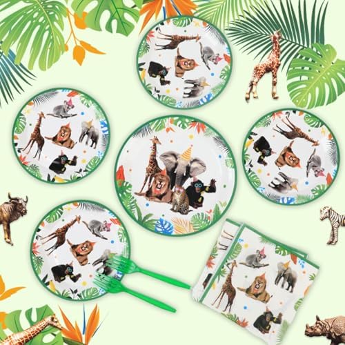 96Pcs Jungle Birthday Party Plates and Napkins Safari Animals Themed Party Decorations Jungle Theme Party Disposable Tableware Set for 24 Guests Wild Animals Gold Safari Zoo Birthday Favors Supplies - Image 5