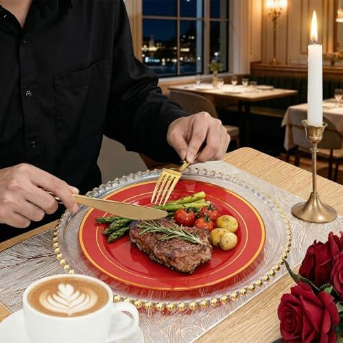 WDF Partyware 350Pieces Red Plastic Plates with Gold Rim Include 50Dinner Plate 10inch 50Dessert Plate 7inch 50 gold Cups 9 OZ, 50 Pre Rolled Napkins for Wedding/Birthday/Christmas/Party - Image 5