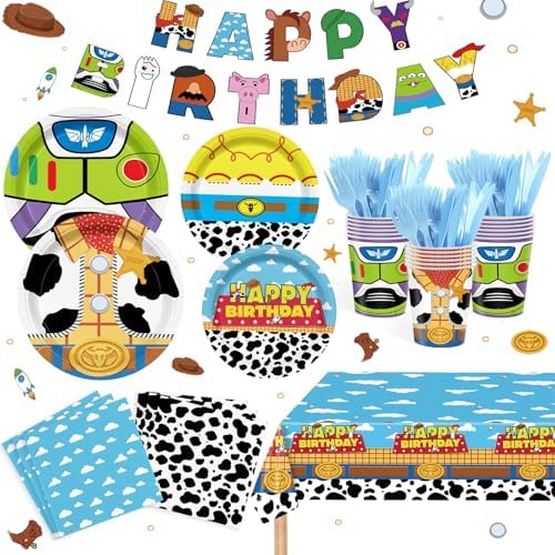 Toy Theme Party Supplies Cartoon Toy Theme Party Decorations Toy Theme Tableware Set Plates Napkins Cups Banners Tablecloths Forks Knives Holds 20 Guests by XUELIRENPARTY