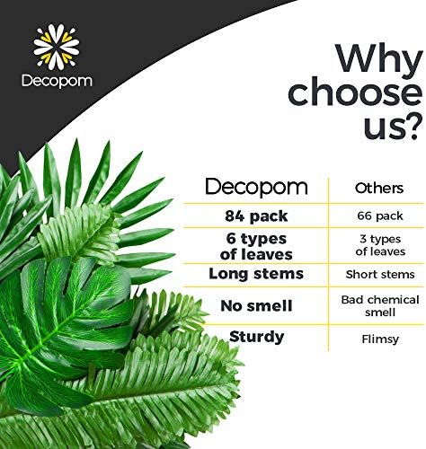 Decopom Palm Leaves Artificial Tropical Monstera-84Pcs 6 Kinds Large Small Green Fake Palm Leaf with Stems for Safari Jungle Hawaiian Luau Party Table Decoration Wedding Birthday Theme Party - Image 6