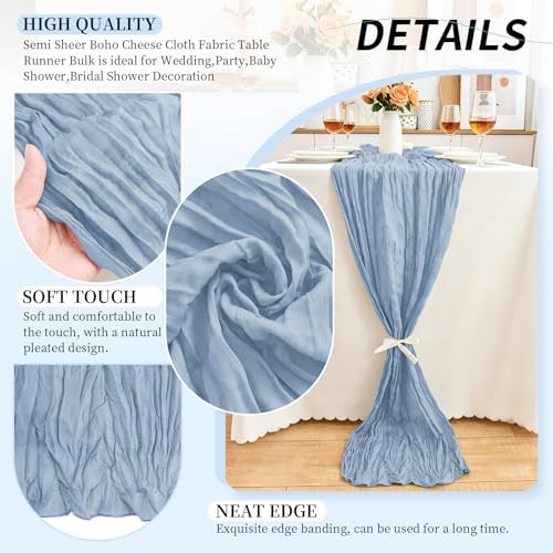 10 Pack Dusty Blue Cheesecloth Table Runner, 17x108 Inch Semi Sheer Boho Gauze Cheese Cloth Fabric Table Runners for Wedding Party Baby Shower Birthday Garden Farmhouse Table Decor - Image 3