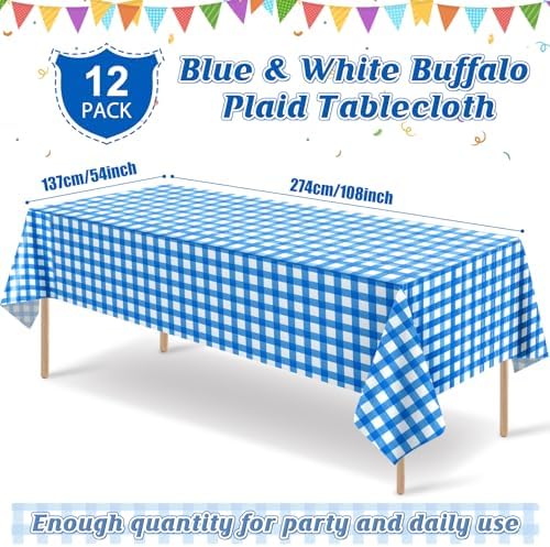 12 Pack Blue and White Plastic Checkered Tablecloth, Premium Decorative Disposable Blue Gingham Plaid Table Cloths for Parties, Rectangle Party Table Cover for Picnic Farm Birthday Wedding, 54x108Inch - Image 2