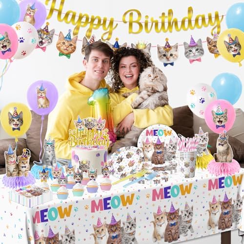 Cat Birthday Decorations,189pcs Cat Party Decorations cat Birthday Plates and Napkins Cups Tablecloth Cake Topper Hanging Swirls Centerpiece Balloon for Ca t Party Supplies - Image 3