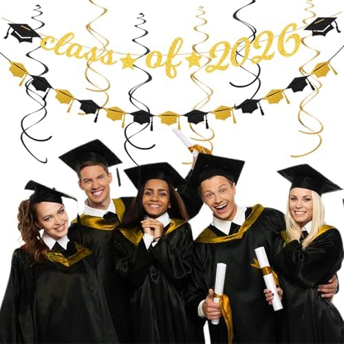Black Gold Graduation Party-Decorations Garland - 36pcs Congrats Grad Class 2026 Banner,Hat Hanging Streamers,College High School Congratulations Master Celebration Classroom Backdrop Decor Burgleda - Image 7