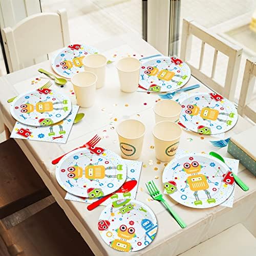 Wiooffen 96pcs Robot Birthday Party Decorations Supplies Paper Plates Napkins Disposable Cake Dessert Tableware Set Robots Theme Baby Shower Favors For Boys Kids, Serve 24 - Image 6