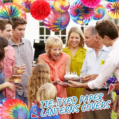 Hortsun 16 Pcs Tie Dyed Party Decorations Include 6 Pcs 12 "and 6" Groovy Hippie Hanging Paper Lanterns,6 Paper Fans -3 Size and 4 Flowers,60s Party Ceiling Wall Decor Chinese/Japanese Groovy Decor - Image 5