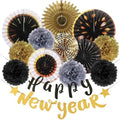 SUNBEAUTY New Years Eve Party Supplies 2026, Happy New Year Decorations Black Gold Hanging Paper Fans Tissue Pom Poms Happy New Year Banner for 2026 New Year Party Favor Supplies Decorations by SUNBEAUTY