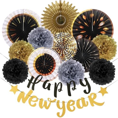 SUNBEAUTY New Years Eve Party Supplies 2026, Happy New Year Decorations Black Gold Hanging Paper Fans Tissue Pom Poms Happy New Year Banner for 2026 New Year Party Favor Supplies Decorations by SUNBEAUTY
