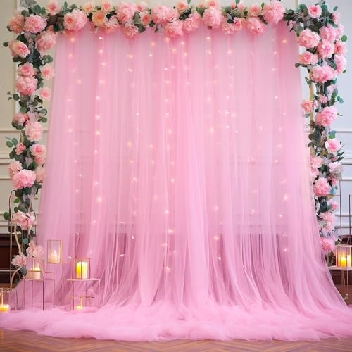 10ft×15ft Pink Tulle Backdrop Curtains with Lights String for Parites Pink Sheer Backdrop Curtains for Baby Shower Girls Birthday Party Wedding Bridal Shower Photo Shoot Background 2 Panels 5×15ft - Image 4