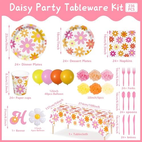 236pcs Groovy Daisy Party Supplies Plates Napkins Tableware Set, Serve 24 - Image 2