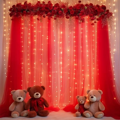 20x10ft Red Tulle Backdrop Curtain with Lights String for Parites, Sheer Backdrop Curtains for Wedding Baby Shower Birthday Party Photo Shoot Decorations - Image 2