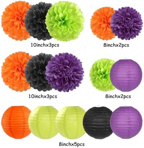 Black-Orange Purple Green Halloween Party-Decorations - 15PCS Paper Flowers Lanterns Tissue Pom Poms Streamers,Vintage Birthday Baby Shower Bachelorette Wedding Bathroom Hanging Supplies Decor Hugfond - Image 6