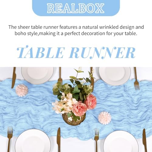 3 Pack Baby Blue Cheesecloth Table Runner 17x108 Inch Semi Sheer Boho Gauze Cheese Cloth Fabric Table Runners Table Decor for Wedding Party Baby Shower Birthday Home Decor Garden Farmhouse - Image 4