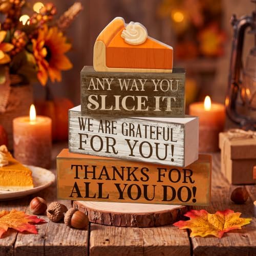 Moucuny 4 Pcs Fall Coffee Table Decor, Grateful Pumpkin Pie Wood Block Sign - Image 2