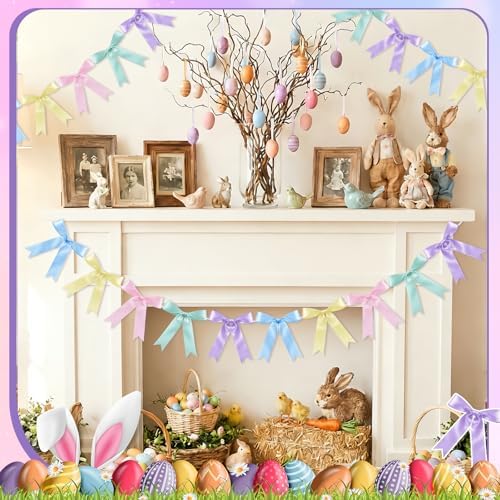 NatNarr 2 Pcs Pastel Bow Garland Banner, Pre-Strung Satin Ribbon Bow Banner - Image 7