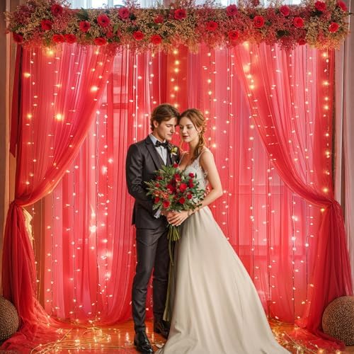20x10ft Red Tulle Backdrop Curtain with Lights String for Parites, Sheer Backdrop Curtains for Wedding Baby Shower Birthday Party Photo Shoot Decorations - Image 7