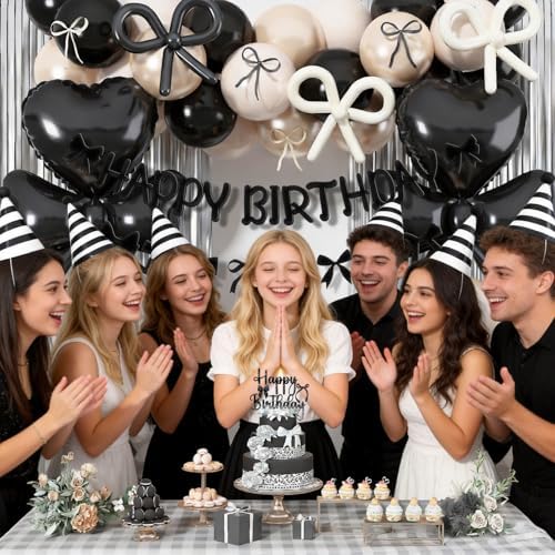 Black Bow Birthday Party Decorations, Coquette Bow Black Sand White Beige Balloons with Bows Decor Happy Birthday Banner Fringe Curtain for Women Girls Bows Theme Bachelorette Baby Shower Party - Image 4