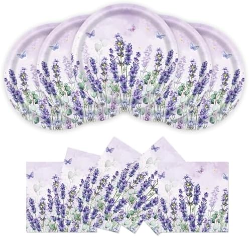 40Pcs Lavender Paper Plates & Napkins-Floral Cake Dessert Tableware by BOKFJBP