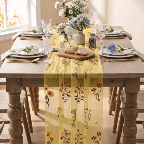 Artoid Mode Wildflower Yellow Gauze Embroidery Table Runner 120 Inch 10FT - Image 2