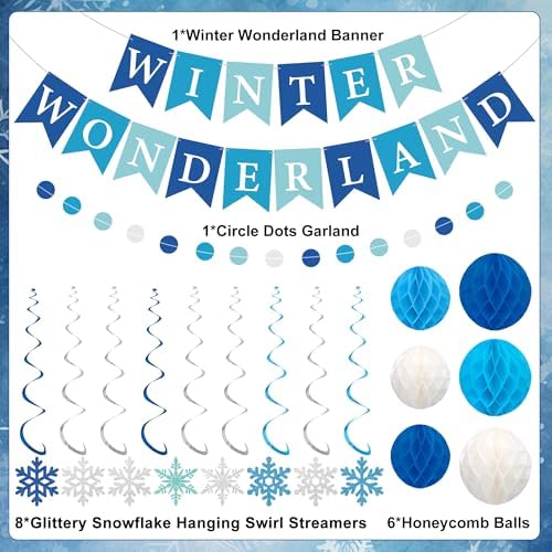 Winter Wonderland Party Decoration Winter Wonderland Banner with Pre-Strung Snowflake Hanging Swirls Blue White Honeycomb Balls Circle Dots Garland for Christmas Holiday Birthday Party Decoration - Image 3