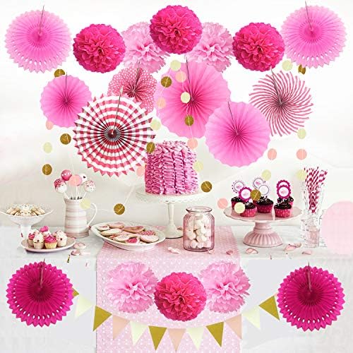 ZERODECO Party Decoration, 21 Pcs Pink Hanging Paper Fans, Pom Poms Flowers, Garlands String Polka Dot and Triangle Bunting Flags for Birthday Parties, Bridal Showers, Baby Showers, Wedding - Image 6