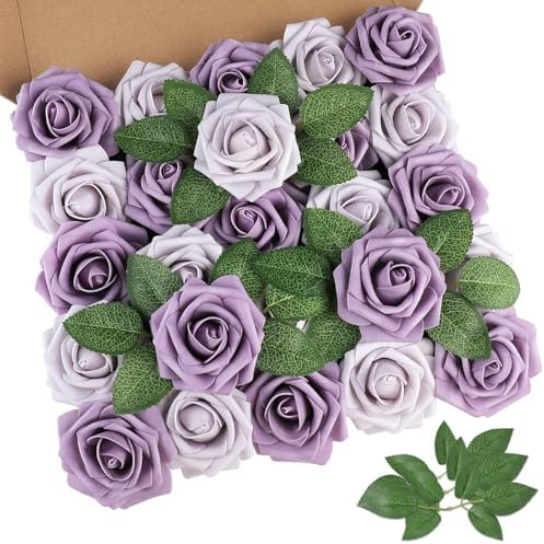 AmyHomie Pale Lavender Rose 25pcs Real Looking Artificial Flowers w/Stem by AmyHomie
