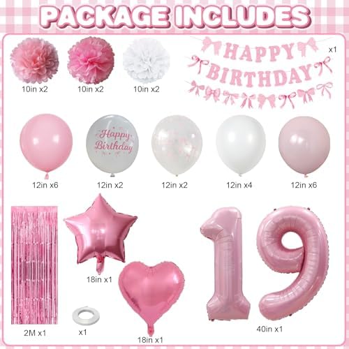 19th Birthday Decorations Girls Pink Number 19 Balloon Bow Coquette Party - Image 3