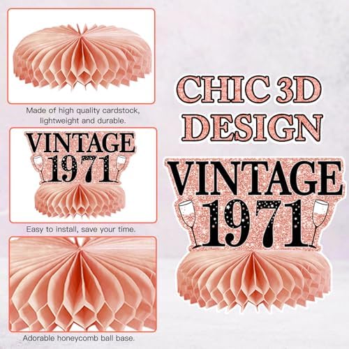 9Pcs 55th Birthday Decorations Honeycomb Centerpieces for Women, Rose Gold Pink Happy 55th Birthday Centerpieces Tables Toppers Party Decorations Supplies, Vintage 1971 Aged Table Sign Decor - Image 3