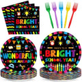 100PCS Back To School Decorations School Season Supplies Paper Plates Napkins Disposable Black Bottom Colorful Pattern Tableware Dinnerware for Student Birthday Picnic First Day of School Serves 25 by Qyeahkj