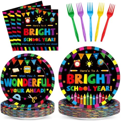 100PCS Back To School Decorations School Season Supplies Paper Plates Napkins Disposable Black Bottom Colorful Pattern Tableware Dinnerware for Student Birthday Picnic First Day of School Serves 25 by Qyeahkj