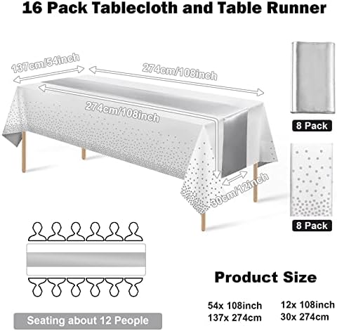 MASHAN 16Pack Disposable Plastic Tablecloths and Satin Table Runner Set White and Silver Dot Tablecloth Silver Satin Table Runner for Wedding Birthday Baby Shower Christmas New Year Party Decorations - Image 2