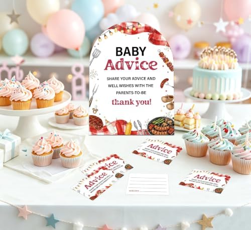 Baby-Q Baby Shower Games, BBQ Advice For Parents To Be, 6x8 Inch Arch Wooden Sign With Stand And 50 Advice Cards, Gender Reveal Party Supplies & Decorations -LN12 - Image 4