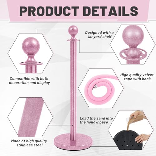 Ferraycle 4 Pcs Stainless Steel Stanchion 38 Inch,Velvet Rope, Glitter Pink - Image 4