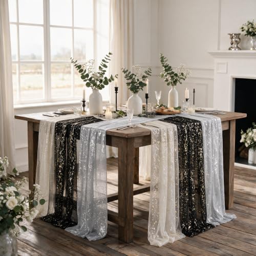 Artoid Mode 3PC Beige Black White Gauze Table Runner 120 Inch 10FT, Glitter Metallic Foil Sheer for Wedding Anniversary Holiday Birthday Home Party Decor - Image 6