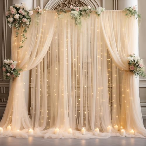 20x8ft Champagne Tulle Backdrop Curtain with Lights String for Parites, Sheer Photo Backdrop Curtains with Lights for Wedding Backdrop Ceremony Reception Bridal Shower Baby Shower Birthday Party by PartyTalk