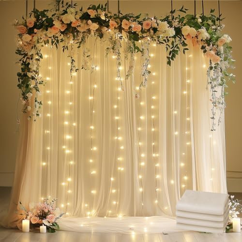 Tulle Backdrop Curtain with Lights 20x10FT Champagne Sheer Curtains by Xiomot