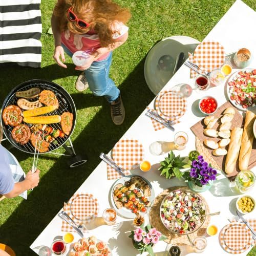 180Pcs Orange Gingham Party Supplies Paper Plates and Napkins Serve 60 - Image 6