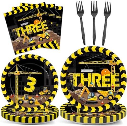 100 Pcs Construction 3rd Party Plates and Napkins Set 3 Years Old Birthday Decorations Construction Party Supplies Tableware Dump Truck Themed Favors for Birthday Party Decor Serves 25 by Qyeahkj