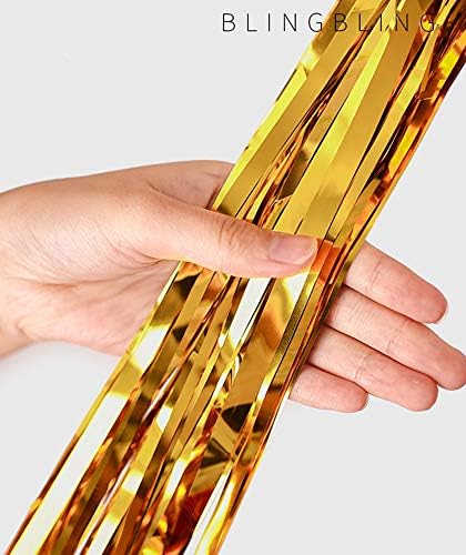 2 Pcs 3.2ft x 8.2ft Shiny Gold Metallic Tinsel Foil Fringe Curtains Photo Booth Backdrop for Birthday Wedding Holiday Celebration Bachelorette Party Decorations - Image 3