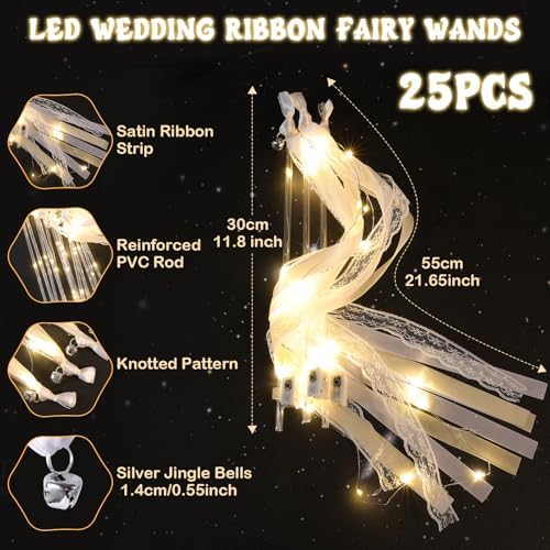 25 Pcs Wedding Wands Ribbon Streamers with 3 Colorful Flashing Modes, Light up LED Silk Fairy Wands, Glow Lace Stick with Bells for Wedding Reception, Graduation, New Year, Birthday Party (Warm White) - Image 2