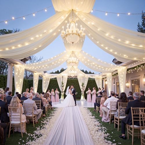 6 Panels Beige Ceiling Curtains with Lights for Weddings - 5ftx20ft Wrinkle-Free Tulle Fabric Wedding Arch Draping Ceiling Drapes Decorations for Wedding Party Ceremony Stage Tent Event - Image 5