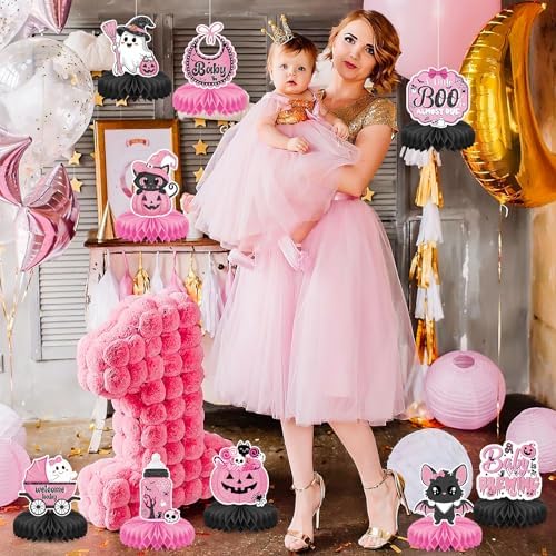 9Pcs Halloween Baby Shower Decorations A Little Boo is Almost Due Baby Shower Black pink Halloween Honeycomb Centerpieces Decorations for Gender Reveal Party Favor Supplies - Image 6