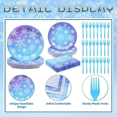 96 Pieces Snowflake Winter Party Supplies Set - Blue White Snowflake Design Disposable Tableware with Paper Plates, Napkins, Forks for Christmas, Winter Wonderland, Frozen-Themed Birthday Decorations - Image 3
